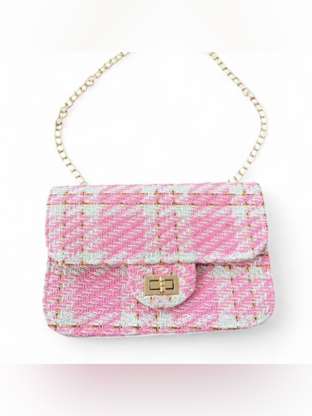 Francesca's Collections Pink Tweed Chain Crossbody Bag with Gold Chain